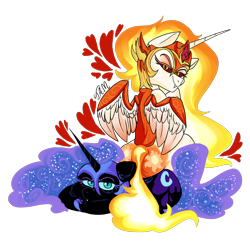 Size: 2500x2500 | Tagged: safe, artist:ihasjessie-kat, daybreaker, nightmare moon, alicorn, pony, a royal problem, armor, cute, fangs, female, heart, looking at you, mane of fire, mare, simple background, sitting, smiling, spread wings, transparent background, unamused, wings