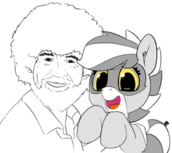 Size: 2934x2618 | Tagged: safe, artist:pabbley, oc, oc only, oc:bandy cyoot, human, raccoon pony, 30 minute art challenge, bob ross, cute, open mouth, partial color, simple background, smiling, white background