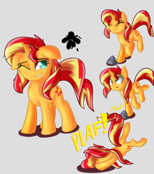 Size: 3000x3400 | Tagged: safe, artist:katakiuchi4u, sunset shimmer, pony, unicorn, atg 2017, cute, face down ass up, faceplant, female, floppy ears, gray background, mare, newbie artist training grounds, one eye closed, ouch, rock, shimmerbetes, simple background, solo, tripping, wink