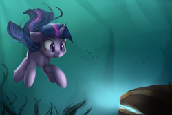 Size: 1500x1000 | Tagged: safe, artist:vanillaghosties, twilight sparkle, twilight sparkle (alicorn), alicorn, pony, female, mare, seaweed, solo, swimming, treasure chest, underwater