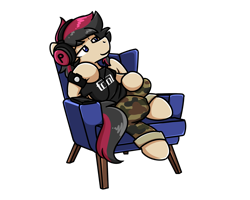 Size: 2560x2048 | Tagged: safe, artist:sugar morning, oc, oc only, oc:porsche speedwings, pegasus, pony, armchair, bedroom eyes, camo pants, chillaxing, clothes, headphone jack, headphones, looking away, male, phone, shirt, simple background, solo, stallion, t-shirt, tool (band), transparent background, watch, wristwatch