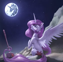 Size: 1600x1552 | Tagged: safe, artist:nadnerbd, derpibooru import, princess celestia, alicorn, pony, digital art, fanfic art, female, full moon, hammer, mare, mare in the moon, moon, night, pink-mane celestia, sitting, solo, war hammer, weapon