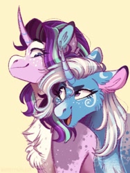 Size: 768x1024 | Tagged: safe, artist:wanderingpegasus, derpibooru import, starlight glimmer, trixie, pony, unicorn, cheek fluff, chest fluff, coat markings, curved horn, dappled, ear fluff, female, freckles, horn, lesbian, mare, shipping, simple background, smiling, startrix