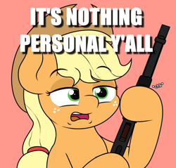 Size: 640x613 | Tagged: safe, artist:ljdamz1119, derpibooru import, edit, applejack, earth pony, pony, caption, gun, image macro, red background, shotgun, simple background, solo, text, weapon