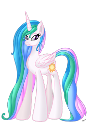 Size: 1000x1300 | Tagged: safe, artist:novaspark, princess celestia, alicorn, pony, ear fluff, female, horn, looking at you, multicolored mane, multicolored tail, simple background, smiling, solo, transparent background, wings