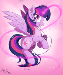 Size: 2100x2475 | Tagged: safe, artist:bugplayer, twilight sparkle, twilight sparkle (alicorn), alicorn, pony, cute, earbuds, female, glowing horn, looking at you, mare, mp3 player, rearing, signature, smiling, solo, twiabetes