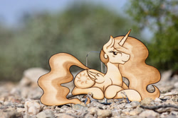 Size: 3198x2132 | Tagged: safe, artist:earth-pony, artist:nekocrispy, princess celestia, alicorn, pony, craft, prone, pyrography, smiling, solo, traditional art, woodwork