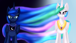 Size: 1920x1080 | Tagged: safe, artist:novaspark, princess celestia, princess luna, alicorn, pony, duo, duo female, ear fluff, female, females only, gradient background, horn, lidded eyes, mare, multicolored mane, multicolored tail, purple coat, royal sisters, siblings, signature, sisters, smiling, white coat, wings