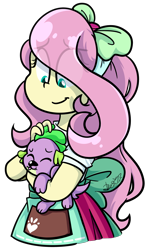 Size: 2292x3871 | Tagged: safe, artist:befishproductions, fluttershy, spike, spike the regular dog, dog, eqg summertime shorts, equestria girls, pet project, apron, bow, clothes, hair bow, high res, signature, simple background, transparent background