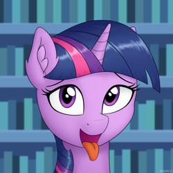 Size: 5000x5000 | Tagged: safe, alternate version, artist:irisarco, derpibooru import, twilight sparkle, pony, unicorn, bedroom eyes, book, bookshelf, cute, ear fluff, female, library, looking at you, mare, open mouth, smiling, solo, tongue out, twiabetes