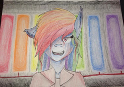 Size: 960x672 | Tagged: safe, artist:dinogrl, derpibooru import, rainbow dash, anthro, fanfic:rainbow factory, clothes, female, looking at you, rainbow factory dash, solo, spectra