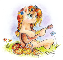 Size: 1024x975 | Tagged: safe, artist:lailyren, artist:moonlight-ki, pear butter, pony, the perfect pear, floral head wreath, flower, guitar, solo, traditional art