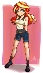 Size: 478x800 | Tagged: safe, artist:the-park, sunset shimmer, human, equestria girls, breasts, clothes, cute, female, humanized, shimmerbetes, shoes, shorts, shoulderless, simple background, socks, solo, sunset jiggler