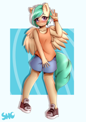 Size: 2893x4092 | Tagged: safe, artist:koizumisho, derpibooru import, oc, oc:mango foalix, anthro, pegasus, abstract background, peace sign, pegasus oc, solo, wings