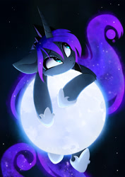 Size: 2080x2942 | Tagged: safe, artist:magnaluna, princess luna, alicorn, pony, confused, cute, galaxy mane, lunabetes, macro, moon, solo, space, stars, tangible heavenly object