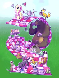 Size: 812x1068 | Tagged: safe, artist:drknz13, derpibooru import, angel bunny, fluttershy, harry, tank, bear, bird, chipmunk, dog, duck, ferret, fox, mouse, pegasus, pony, raccoon, rat, snake, squirrel, tortoise, cake, cookie, cup, dishes, drinking, duckling, eating, female, flower, flower in hair, folded wings, food, fuzzy legs, kitten, male, mare, mitsy, picnic, picnic blanket, rupert, sitting, tea, tea party, teacup, teapot