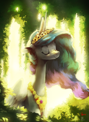 Size: 2722x3696 | Tagged: safe, artist:alumx, artist:anticular, princess celestia, alicorn, pony, collaboration, backlighting, cute, cutelestia, eyes closed, female, floral head wreath, flower, high res, long neck, mare, smiling, solo, tree