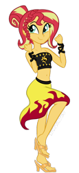 Size: 550x1200 | Tagged: safe, artist:wubcakeva, sunset shimmer, better together, equestria girls, forgotten friendship, alternate hairstyle, bandeau, belly button, clothes, cute, equestria girls minis, feet, female, fiery shimmer, midriff, raised leg, sandals, shimmerbetes, simple background, skirt, smiling, solo, summer sunset, swimsuit, that was fast, transparent background, vector, wrap skirt