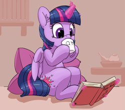 Size: 4031x3535 | Tagged: safe, artist:pabbley, twilight sparkle, twilight sparkle (alicorn), alicorn, pony, book, coffee, cute, female, hoof hold, levitation, magic, mare, mug, pillow, qt, reading, sitting, smiling, solo, telekinesis, twiabetes, underhoof