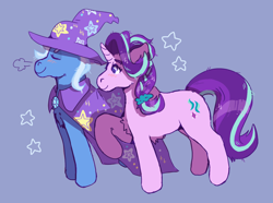 Size: 1280x953 | Tagged: safe, artist:kittycoot, derpibooru import, starlight glimmer, trixie, pony, unicorn, blue background, blushing, chest fluff, female, lesbian, mare, raised hoof, shipping, simple background, smiling, snorting, stars, startrix