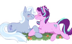 Size: 1280x792 | Tagged: safe, artist:kittycoot, derpibooru import, starlight glimmer, trixie, pony, unicorn, blushing, eyes closed, female, flower, grass, holding hooves, lesbian, lying down, nuzzling, shipping, startrix