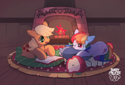 Size: 1530x1033 | Tagged: safe, artist:dusty-munji, derpibooru import, applejack, rainbow dash, earth pony, pegasus, pony, appledash, art trade, book, cute, dashabetes, female, fireplace, jackabetes, lesbian, mare, missing accessory, multicolored hair, one eye closed, open mouth, pillow, shipping, smiling