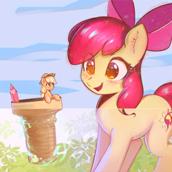 Size: 880x880 | Tagged: safe, artist:mirroredsea, derpibooru import, edit, apple bloom, applejack, sunset shimmer, earth pony, pony, adorabloom, appletini, bow, cute, female, filly, hair bow, ice cream cone, sisters, smiling, wrong cutie mark