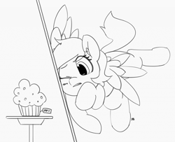 Size: 1280x1038 | Tagged: safe, artist:pabbley, derpy hooves, pony, 30 minute art challenge, crash, cute, derpabetes, flying, food, monochrome, muffin, solo