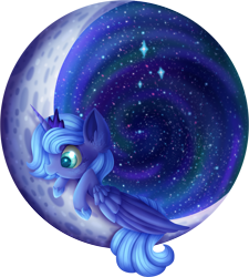 Size: 2653x2950 | Tagged: safe, artist:aquapegasus, derpibooru import, princess luna, alicorn, pony, crescent moon, crown, cute, ear fluff, female, filly, galaxy, high res, hoof shoes, jewelry, lunabetes, mare, moon, profile, redraw, regalia, solo, space, stars, tangible heavenly object, woona, younger