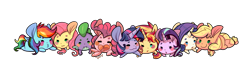 Size: 2099x600 | Tagged: safe, artist:phyllismi, derpibooru import, applejack, fluttershy, pinkie pie, rainbow dash, rarity, spike, starlight glimmer, sunset shimmer, twilight sparkle, twilight sparkle (alicorn), alicorn, dragon, earth pony, pegasus, pony, unicorn, chibi, eyes closed, female, lesbian, mane eight, mane six, open mouth, rarijack, shipping, simple background, smiling, sunsetsparkle, transparent background