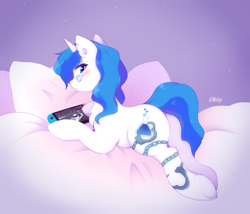 Size: 2000x1710 | Tagged: safe, artist:okity, derpibooru import, oc, oc only, oc:mind, pony, unicorn, blushing, chest fluff, commission, cutie mark, female, glasses, lying on bed, mare, nintendo switch, rocket league, solo, tattoo, ych result