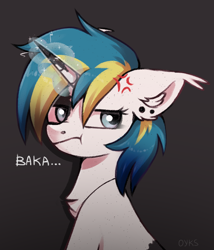 Size: 900x1050 | Tagged: safe, artist:oyks, derpibooru import, oc, oc only, oc:saber, hybrid, pony, unicorn, baka, bust, chest fluff, cross-popping veins, dark background