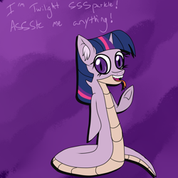 Size: 1280x1280 | Tagged: safe, artist:novaspark, twilight sparkle, lamia, original species, ask, ask lamia twi and friends, solo, species swap, tumblr, twilamia, twilight snakle