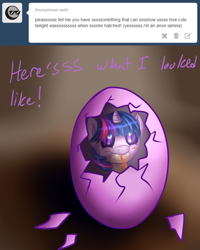 Size: 1280x1600 | Tagged: safe, artist:novaspark, twilight sparkle, lamia, original species, ask, ask lamia twi and friends, egg, eggshell, female, filly, filly twilight sparkle, hatching, species swap, tumblr, twilamia, twilight snakle, younger