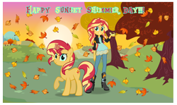 Size: 2544x1520 | Tagged: safe, artist:andoanimalia, ray, sunset shimmer, pony, unicorn, equestria girls, autumn, clothes, cute, fall equinox, female, grin, happy, jacket, leather jacket, leaves, leopard gecko, mare, pants, pun, raised hoof, self ponidox, shimmerbetes, smiling, sun, sunset, sunset shimmer day, sunshine shimmer, tree, visual pun