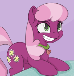 Size: 800x822 | Tagged: safe, artist:treekickerdraws, cheerilee, earth pony, pony, collar, female, grin, lidded eyes, looking up, mare, smiling, solo