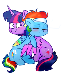 Size: 698x818 | Tagged: safe, artist:honneymoonmlp, derpibooru exclusive, derpibooru import, rainbow dash, twilight sparkle, twilight sparkle (alicorn), alicorn, pegasus, pony, spoiler:deep tissue memories, backwards cutie mark, blushing, colored wings, crying, cute, deep tissue memories, duo, hug, multicolored wings, spa pony rainbow dash, that was fast, wings