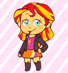 Size: 1493x1600 | Tagged: safe, artist:hpwendiz, sunset shimmer, equestria girls, boots, chibi, clothes, cute, food, jacket, leather jacket, pocky, shimmerbetes, shoes, skirt, smiling, solo