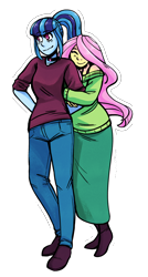 Size: 1694x3151 | Tagged: safe, artist:overlordneon, fluttershy, sonata dusk, equestria girls, rainbow rocks, clothes, eyes closed, female, lesbian, shipping, simple background, smiling, sonashy, transparent, transparent background