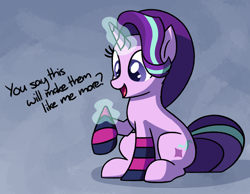 Size: 1080x840 | Tagged: safe, artist:masserey, starlight glimmer, pony, unicorn, clothes, cute, dialogue, female, glimmerbetes, magic, mare, open mouth, sitting, socks, solo, striped socks, telekinesis