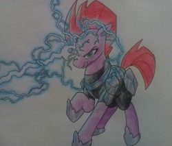 Size: 2876x2448 | Tagged: safe, artist:public mistake, derpibooru import, tempest shadow, pony, unicorn, my little pony: the movie, armor, broken horn, clothes, horn, lightning, magic, simple background, traditional art