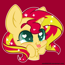 Size: 1200x1200 | Tagged: safe, artist:snow angel, sunset shimmer, pony, unicorn, :p, bust, chibi, cute, female, heart eyes, mare, red background, shimmerbetes, silly, silly pony, simple background, smiling, solo, sparkles, tongue out, wingding eyes