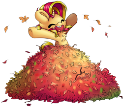 Size: 6012x5277 | Tagged: safe, artist:cutepencilcase, sunset shimmer, pony, unicorn, absurd resolution, autumn, cute, eyes closed, female, happy, leaf pile, mare, open mouth, shimmerbetes, simple background, smiling, solo, transparent background