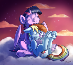 Size: 1500x1352 | Tagged: safe, artist:tsitra360, derpibooru import, rainbow dash, twilight sparkle, twilight sparkle (alicorn), alicorn, pegasus, pony, cloud, cloudy, cutie mark, duo, eyes closed, female, hooves up, hug, lesbian, mare, one eye closed, shipping, sitting, sky, smiling, stars, twidash, underhoof, wink