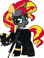 Size: 5000x6664 | Tagged: safe, alternate version, artist:n0kkun, derpibooru import, part of a set, sunset shimmer, pony, unicorn, assault rifle, belt, boots, bope, brazil, clothes, commission, ear piercing, earring, face paint, female, fingerless gloves, gloves, gun, imbel md97, jewelry, knee pads, mare, p90, pants, piercing, police, pouch, radio, rifle, shirt, shoes, simple background, skull, solo, submachinegun, tanktop, transparent background, weapon