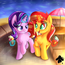 Size: 3000x3000 | Tagged: safe, artist:katakiuchi4u, starlight glimmer, sunset shimmer, pony, unicorn, backwards cutie mark, beach, female, food, friends, ice cream, lidded eyes, magic, mare, smiling, umbrella