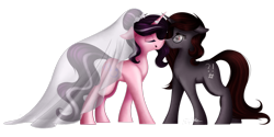 Size: 1024x510 | Tagged: safe, artist:mindlesssketching, oc, oc only, oc:curse word, oc:magpie, pony, unicorn, blushing, clothes, dress, female, horns are touching, lesbian, mare, oc x oc, shipping, simple background, transparent background, wedding dress