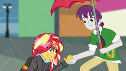 Size: 1366x768 | Tagged: safe, artist:berrypunchrules, indigo wreath, sunset shimmer, eqg summertime shorts, equestria girls, monday blues, background human, blushing, clothes, female, holding hands, male, rain, smiling, sunsetwreath, umbrella