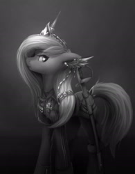 Size: 1634x2094 | Tagged: safe, artist:g-haze, derpibooru import, oc, oc only, oc:regenfall, pony, clothes, crown, ear piercing, earring, fanfic art, female, germany, grayscale, hair over one eye, iron cross, jewelry, mare, medals, monochrome, piercing, regalia, solo, sword, uniform, weapon, world war i