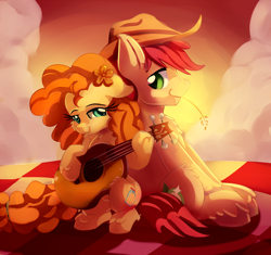 Size: 2000x1881 | Tagged: safe, artist:discorded, bright mac, pear butter, earth pony, pony, the perfect pear, acoustic guitar, backlighting, brightbutter, cowboy hat, female, flower, flower in hair, guitar, hat, looking back, male, mare, shipping, smiling, stallion, straight